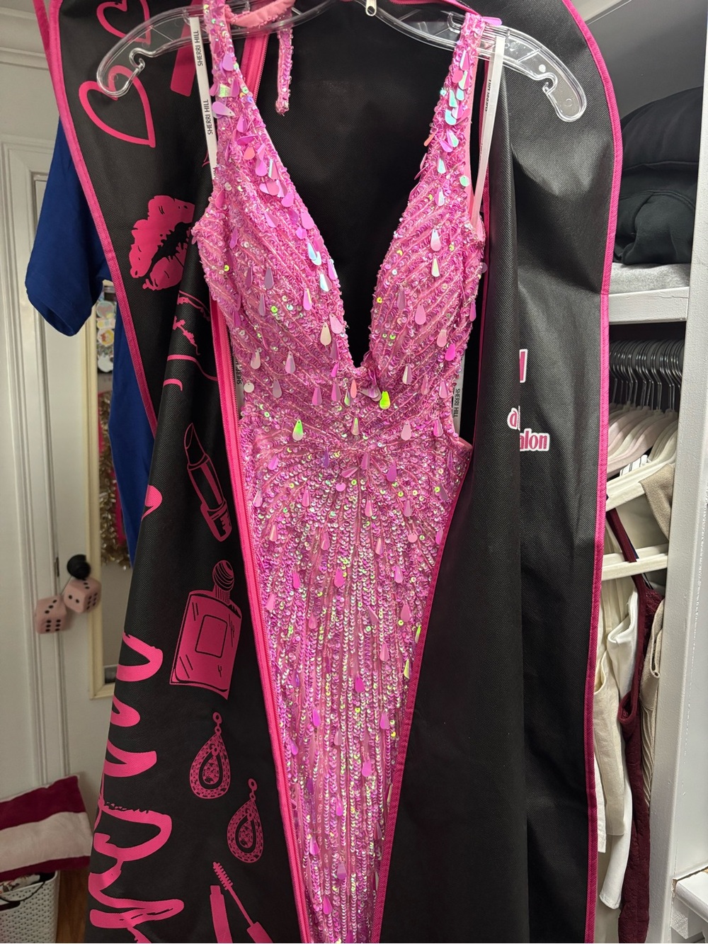 Sherri Hill Candy Pink Sequin Beaded Plunging Prom Gown